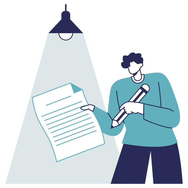 Illustration of a writer holding a page of copy